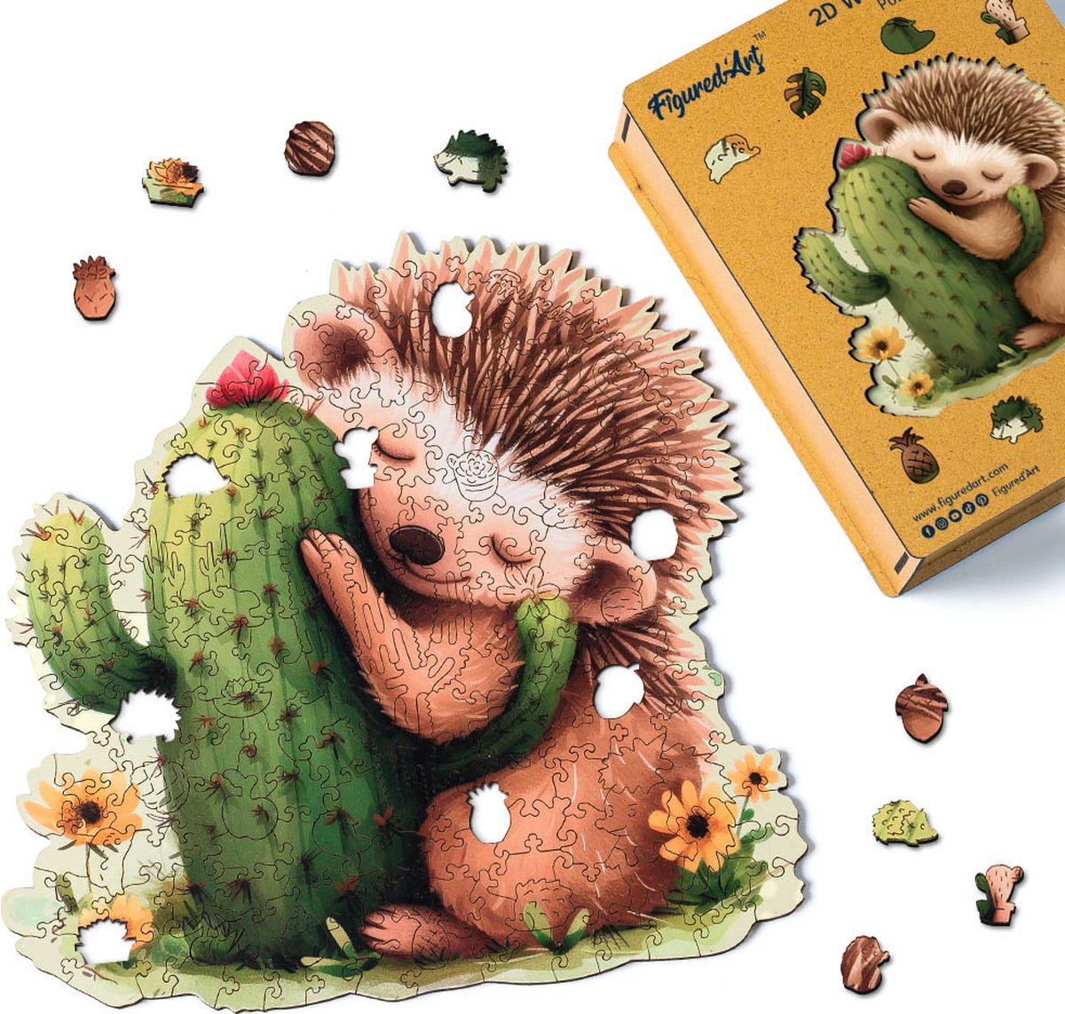 FiguredArt Houten Puzzel 200 Stukjes Volwassenen en Kinderen - Dieren - Egel en Cactussen - Uniek Design 28,2x28,5 cm met Premium Houten Doos, Perfect als Cadeau